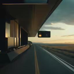 a road with some cars and the road light on