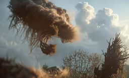 a scene depicting a burning forest with lots of brown leaves and smoke