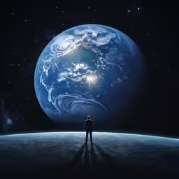 a person standing on a large space island looking at a blue marbled earth