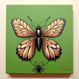 a butterfly made to look like it has an antlers head,a painting of a large butterfly on a green wall