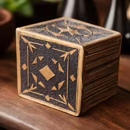 an ornate wooden box has a decorative motif on it
