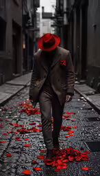 a man in a red hat walks down an alley way