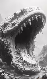 a giant monster with sharp teeth covered in snow