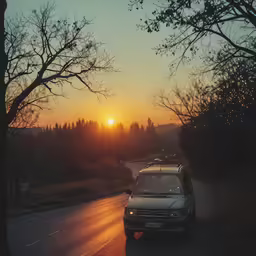 a car traveling on a road at sunset