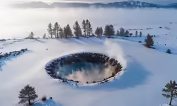snow is covering a mountain top and there is a round crater with an area full of snow