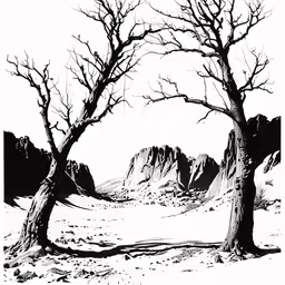 a landscape drawing with bare trees, mountain backdrop