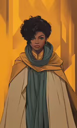 an illustration of a woman in green scarf and beige shawl