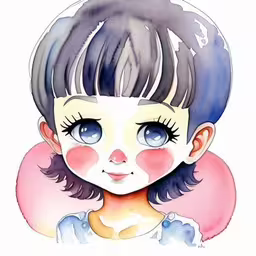 an anime avatar with big blue eyes and red cheeks,a cartoon character wearing a top hat with an expression of anime like blue eyes,a young boy with blue eyes wearing a pink and white shirt,a drawing of a girl with blue eyes and black hair,a drawing of a girl with her eyes closed