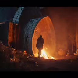 a person standing next to a large fire filled area