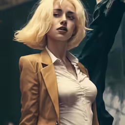 a woman with blond hair and blue eyes posing