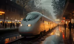 a passenger train is leaving a station in the evening