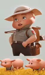 the boy scout is running across the grass with pigs