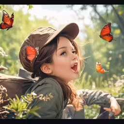 a child with many butterflies flying over her head