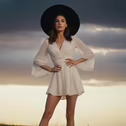 a woman in a white dress and hat