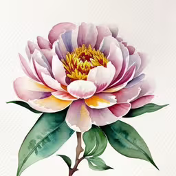 a pink flower with green leaves is shown,a painting with some watercolor paints on it