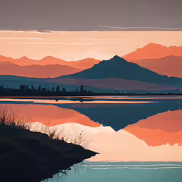 the sky is setting over a mountain and lake,a lake sits next to a large mountain range