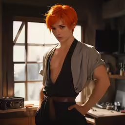 an attractive young woman with bright orange hair and black dress