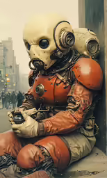 a person that is sitting down wearing some kind of mask