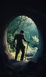 a man in full body with poles standing in a cave