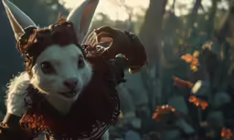 a bunny with horns and fur standing in the woods