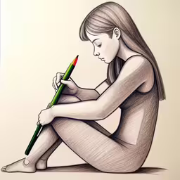 a drawing of a young girl sitting and holding a pencil,a drawing of a girl with a pencil and a pen