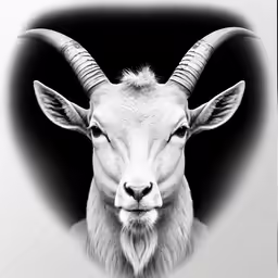 a goat with long horns that are looking straight ahead