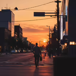 people walking down a street at sunset with buildings in the background