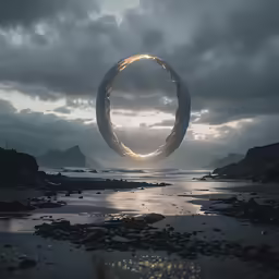 a person standing on top of a rocky beach with a circular ring in the sky