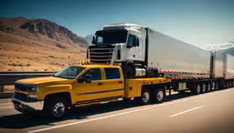 a truck is hauling trailer along the highway,a bright yellow truck pulls a white trailer behind it
