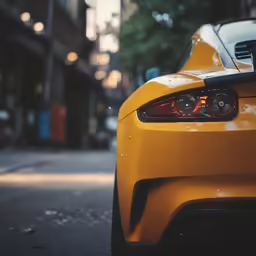 a yellow sports car parked at the curb of the street