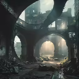 a scene of a building in the middle of a ruined city