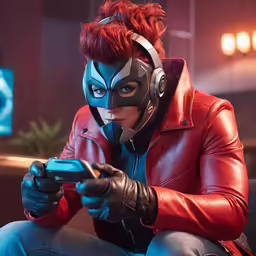 a woman wearing a red jacket and headphones on her face using a cell phone