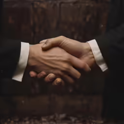 two men shaking hands in an old building