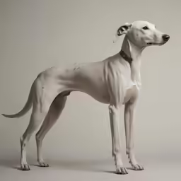 a large white dog stands in a studio