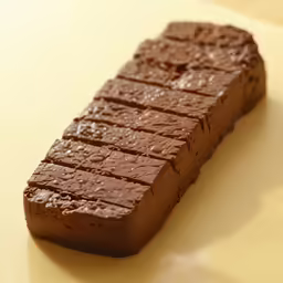 a piece of chocolate cake sitting on top of a yellow table