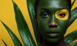 a young woman has her face painted like a banana