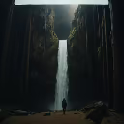 a person walks through a canyon and into a waterfall
