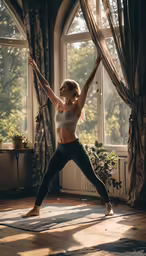woman doing yoga in front of a window