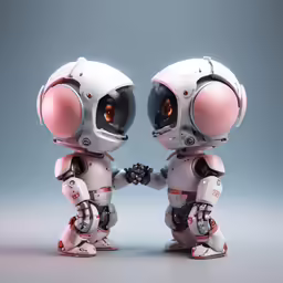 two robotic people are talking each other on a gray surface