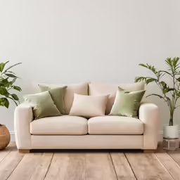 a beige couch sits in a room with plants