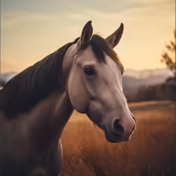 a horse is standing in a grassy area with a mountain in the background