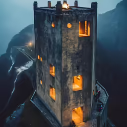a tower with lit windows on a mountain