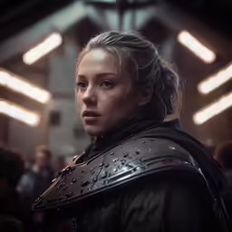a woman wearing an armor and a helmet