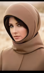 a woman wearing a hood standing in the desert