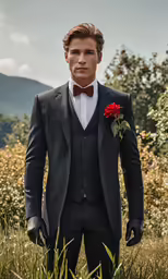 a man in a suit with a single rose