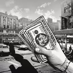 a person holds up money in front of a busy street,a man holding out a five - dollar bill in his hand on the street