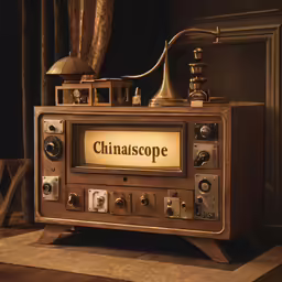 a antique wooden radio is displayed in a museum setting