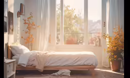 a bedroom with a bed sitting next to a window