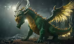 a green and yellow creature standing next to another creature