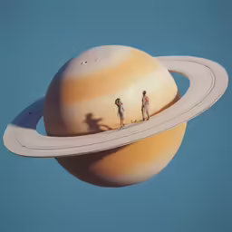three people are standing on top of a giant saturn